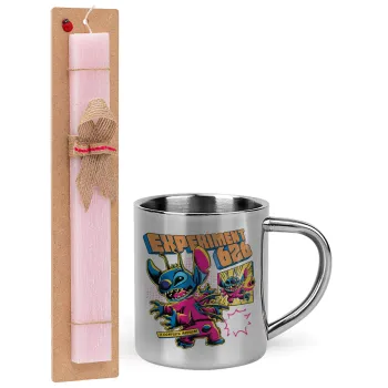 Stitch Experiment 626, Easter Set, metallic thermal cup (300ml) & aromatic flat Easter candle (30cm) (PINK)