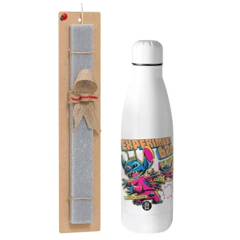 Stitch Experiment 626, Easter Set, metallic stainless thermos bottle (500ml) & scented flat Easter candle (30cm) (GRAY)