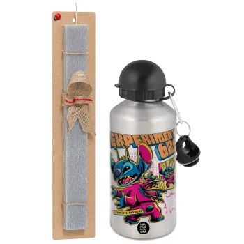 Stitch Experiment 626, Easter Set, metallic silver aluminum water bottle (500ml) & aromatic flat Easter candle (30cm) (GRAY)