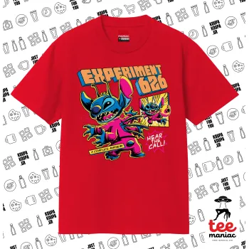 Stitch Experiment 626, Κλασικό T-Shirt, διπλής ραφής, χωρίς πλευρικές ραφές ΚΟΚΚΙΝΟ από 100% βαμβάκι. Vegan & OEKO-TEX πιστοποιημένο.