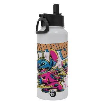 Stitch Experiment 626, Μεταλλικό παγούρι θερμός Λευκό με καλαμάκι και χερούλι (Stainless steel), διπλού τοιχώματος, 950ml