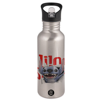 Stitch movie, Water bottle Silver with straw, stainless steel 600ml