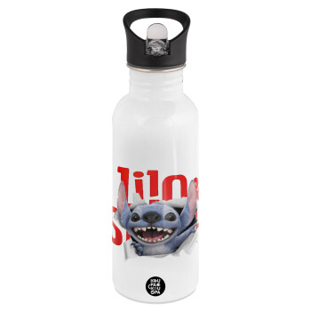 Stitch movie, White water bottle with straw, stainless steel 600ml