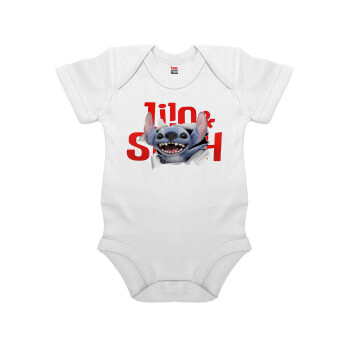 Stitch movie, Βρεφικό φορμάκι μωρού, 0-24 μηνών, ΛΕΥΚΟ, 100% Organic Cotton, κοντομάνικο