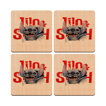 Stitch movie, ΣΕΤ x4 Σουβέρ ξύλινα τετράγωνα plywood (9cm)