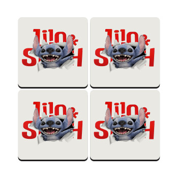 Stitch movie, ΣΕΤ 4 Σουβέρ ξύλινα τετράγωνα (9cm)