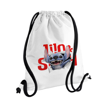 Stitch movie, Backpack pouch GYMBAG white, with pocket (40x48cm) & thick cords