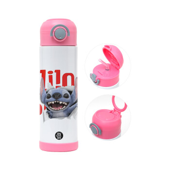 Stitch movie, Children's hot water bottle, stainless steel, with safety straw, PINK (500ml)