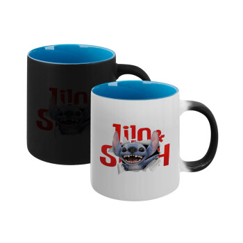 Stitch movie, Κούπα Μαγική εσωτερικό μπλε, κεραμική 330ml που αλλάζει χρώμα με το ζεστό ρόφημα