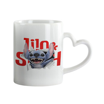 Stitch movie, Mug heart handle, ceramic, 330ml