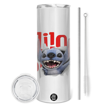 Stitch movie, Tumbler ποτήρι θερμό από ανοξείδωτο ατσάλι 600ml, με μεταλλικό καλαμάκι & βούρτσα καθαρισμού