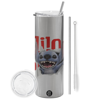 Stitch movie, Tumbler stainless steel Silver 600ml, with metal straw & cleaning brush