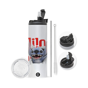 Stitch movie, Travel Tumbler 2 Lids, with metal straw & cleaning brush (Stainless steel 304 Food grade, BPA free, 600ml)