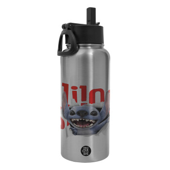 Stitch movie, Μεταλλικό παγούρι θερμός Silver με καλαμάκι και χερούλι (Stainless steel), διπλού τοιχώματος, 950ml