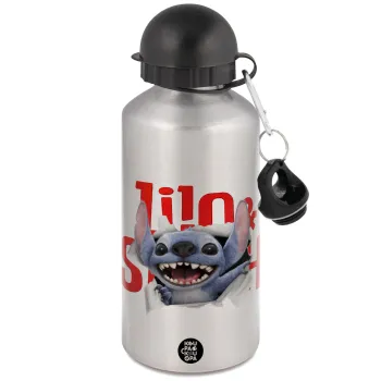 Stitch movie, Μεταλλικό παγούρι νερού, Ασημένιο, αλουμινίου 500ml