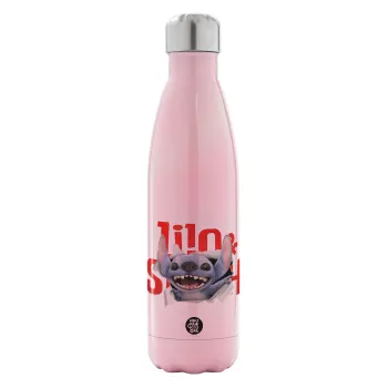 Stitch movie, Metal mug thermos Pink Iridiscent (Stainless steel), double wall, 500ml