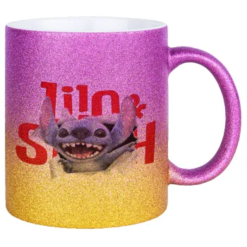 Stitch movie, Κούπα Χρυσή/Ροζ Glitter, κεραμική, 330ml