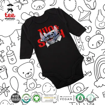 Stitch movie, Μακρυμάνικο βρεφικό φορμάκι, 0-18 μηνών, ΜΑΥΡΟ, 100% Organic Cotton