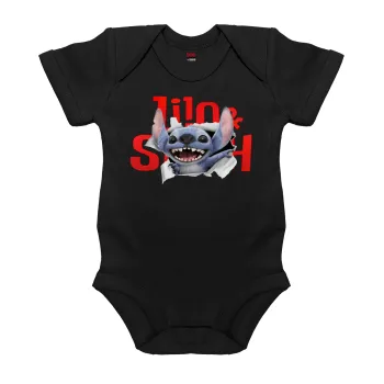 Stitch movie, Βρεφικό φορμάκι μωρού, 0-18 μηνών, ΜΑΥΡΟ, 100% Organic Cotton, κοντομάνικο