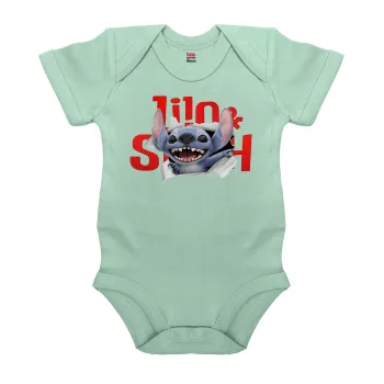Stitch movie, Βρεφικό φορμάκι μωρού, 0-18 μηνών, mint (Μέντα), 100% Organic Cotton, κοντομάνικο