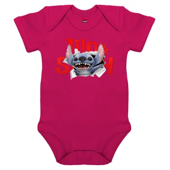 Stitch movie, Βρεφικό φορμάκι μωρού, 0-18 μηνών, ΡΟΖ, 100% Organic Cotton, κοντομάνικο