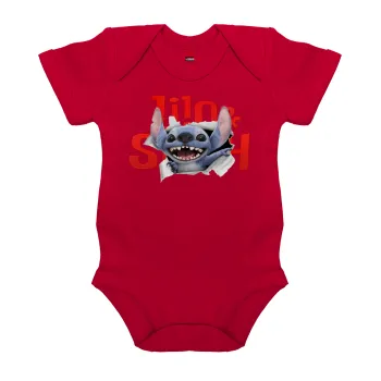 Stitch movie, Βρεφικό φορμάκι μωρού, ΚΟΚΚΙΝΟ, 100% Organic Cotton, κοντομάνικο