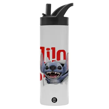 Stitch movie, Metallic thermos bottle with straw & handle, stainless steel (Stainless steel 304), double-walled, 600ml.