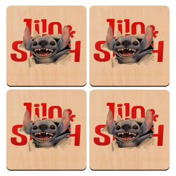 Stitch movie, ΣΕΤ x4 Σουβέρ ξύλινα τετράγωνα plywood (9cm)