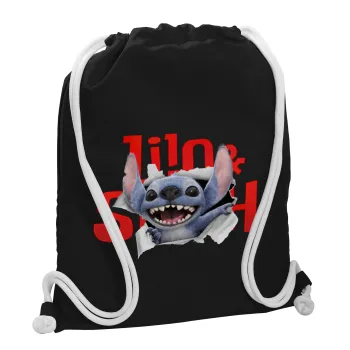 Stitch movie, Τσάντα πλάτης πουγκί GYMBAG Μαύρη, με τσέπη (40x48cm) & χονδρά λευκά κορδόνια