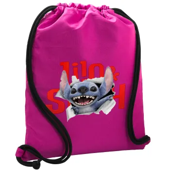 Stitch movie, Τσάντα πλάτης πουγκί GYMBAG Φούξια, με τσέπη (40x48cm) & χονδρά κορδόνια