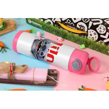 Stitch movie, Easter candle, Childrens hot water bottle, stainless steel, with safety straw, PINK (500ml)