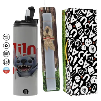 Stitch movie, Πασχαλινή Λαμπάδα με Travel Tumbler θερμό (600ml, BPA free) & κερί αρωματικό πλακέ (30cm) (ΓΚΡΙ)