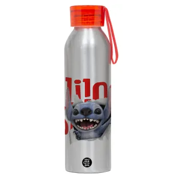 Stitch movie, Αλουμινένιο Αθλητικό Μπουκάλι 650ml – Ασημί με Κόκκινο Καπάκι και Λουράκι Σιλικόνης