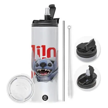 Stitch movie, Travel Tumbler θερμό με διπλό καπάκι, μεταλλικό καλαμάκι και βούρτσα καθαρισμού (Ανωξείδωτο 304 Food grade, BPA free, 600ml)