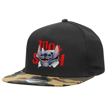 Stitch movie, Adult Flat Snapback Hat Black/Camouflage, (100% COTTON TWILL, ADULT, UNISEX, ONE SIZE)