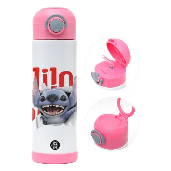 Stitch movie, Παιδικό παγούρι θερμό, ανοξείδωτο, με καλαμάκι ασφαλείας, ΡΟΖ (500ml)