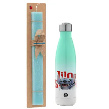 Stitch movie, Easter Set, Metallic green/white thermos (Stainless steel), double-walled, 500ml & scented flat Easter candle (30cm) (TURQUOISE)