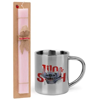 Stitch movie, Easter Set, metallic thermal cup (300ml) & aromatic flat Easter candle (30cm) (PINK)
