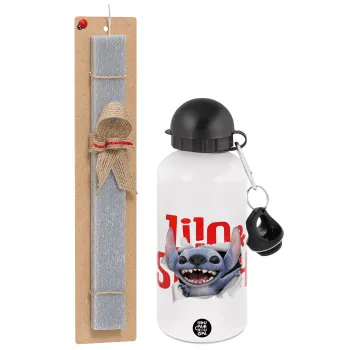 Stitch movie, Easter Set, metallic aluminum water bottle (500ml) & aromatic flat Easter candle (30cm) (GRAY)