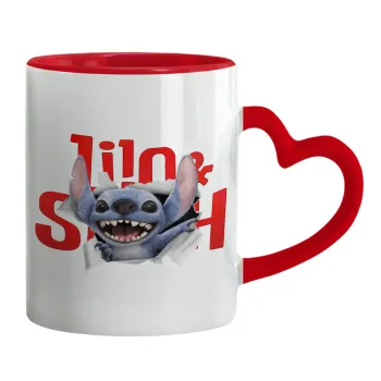 Stitch movie, Mug heart red handle, ceramic, 330ml