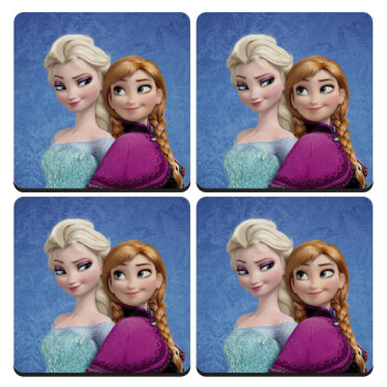 Ψυχρά κι ανάποδα Έλσα και Άννα, ΣΕΤ 4 Σουβέρ ξύλινα τετράγωνα (9cm)