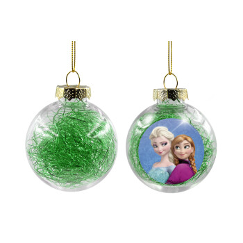 Ψυχρά κι ανάποδα Έλσα και Άννα, Χριστουγεννιάτικη μπάλα δένδρου διάφανη με πράσινο γέμισμα 8cm