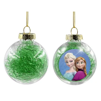 Ψυχρά κι ανάποδα Έλσα και Άννα, Στολίδι Χριστουγεννιάτικη μπάλα δένδρου διάφανη με πράσινο γέμισμα 8cm