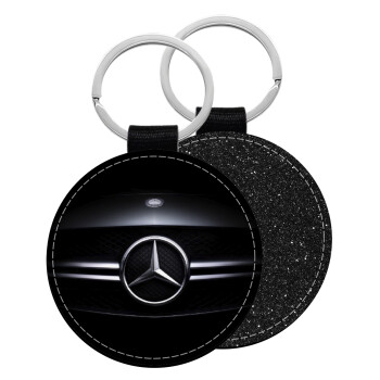 Mercedes car, Μπρελόκ Δερματίνη, στρογγυλό ΜΑΥΡΟ (5cm)