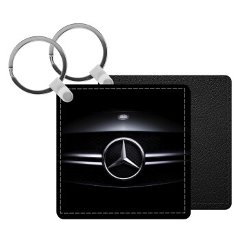 Mercedes car, Μπρελόκ Δερματίνη, τετράγωνο ΜΑΥΡΟ (5x5cm)