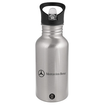 Mercedes small logo, Water bottle Silver with straw, stainless steel 500ml