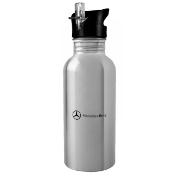 Mercedes small logo, Water bottle Silver with straw, stainless steel 600ml