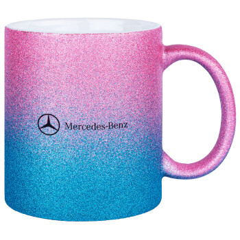 Mercedes small logo, Κούπα Χρυσή/Μπλε Glitter, κεραμική, 330ml