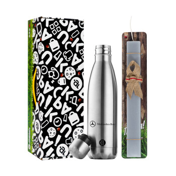 Mercedes small logo, Easter Set, metallic stainless thermos flask (500ml) & scented flat Easter candle (30cm) (GRAY)
