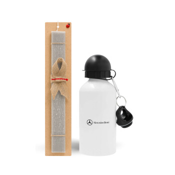 Mercedes small logo, Easter Set, metallic aluminum water bottle (500ml) & aromatic flat Easter candle (30cm) (GRAY)